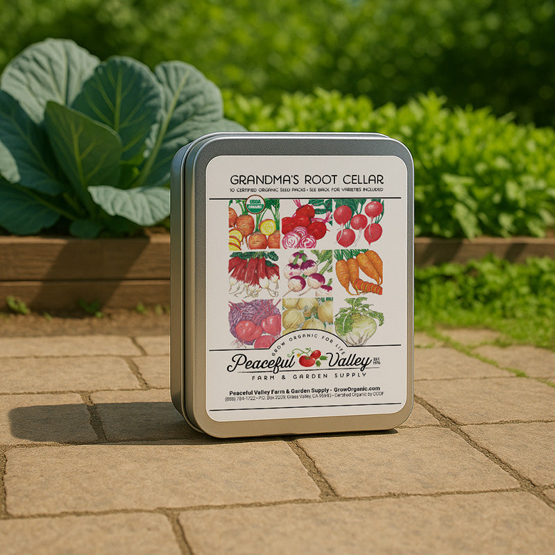 Grow Organic gift seed tin with vegetable seeds from Grandma's Root Cellar Collection, perfect for gardening enthusiasts.