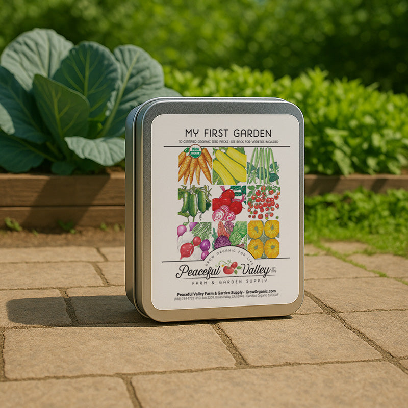 Grow Organic gift seed tin with vegetable seeds from the My First Garden Collection, perfect for starting a vegetable garden.