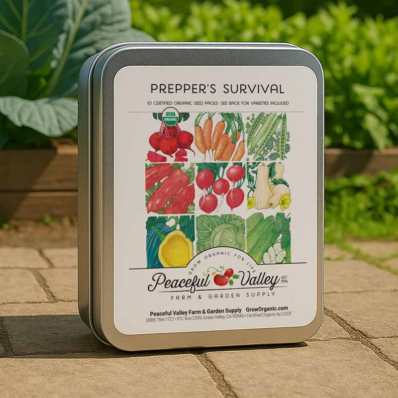 Grow Organic vegetable seeds in a gift tin, part of the Prepper's Survival Collection, ideal for sustainable gardening and self-sufficiency.