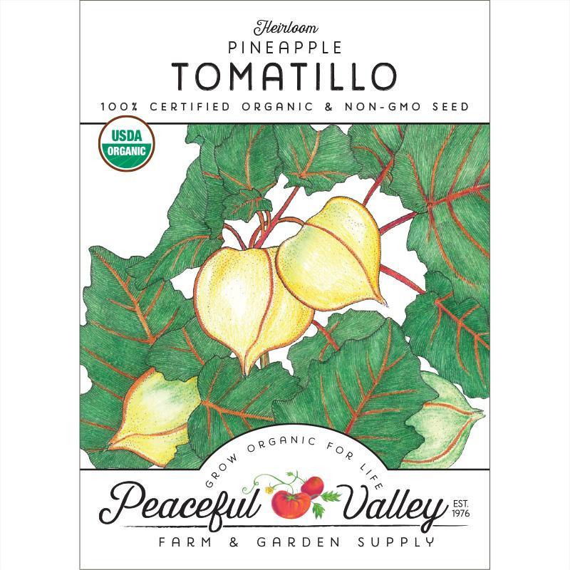Organic Pineapple Ground Cherry Tomatillo vegetable seeds from Grow Organic, showing the seed packet with colorful fruit images.