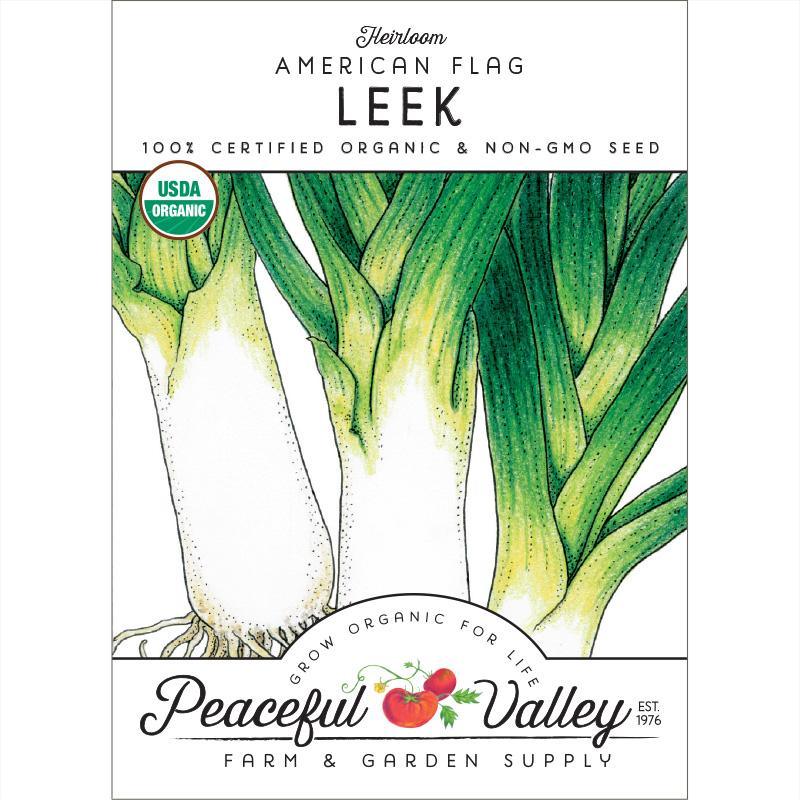 Organic American Flag leek vegetable seeds packet from Grow Organic with vibrant flag design and fresh seed imagery.