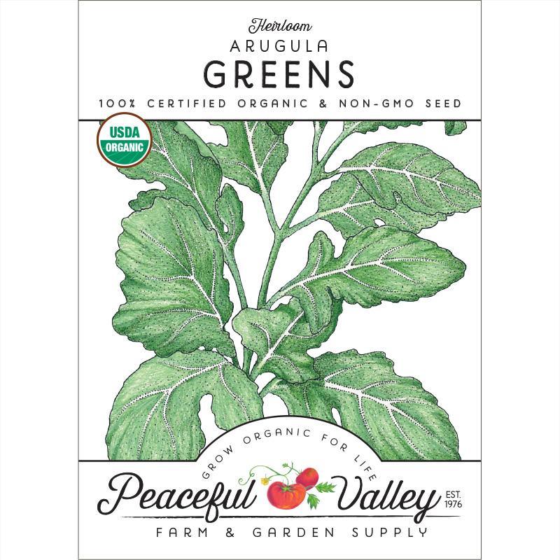 Organic Arugula Greens Seeds packet from Grow Organic, vegetable seeds for fresh arugula greens in your garden.