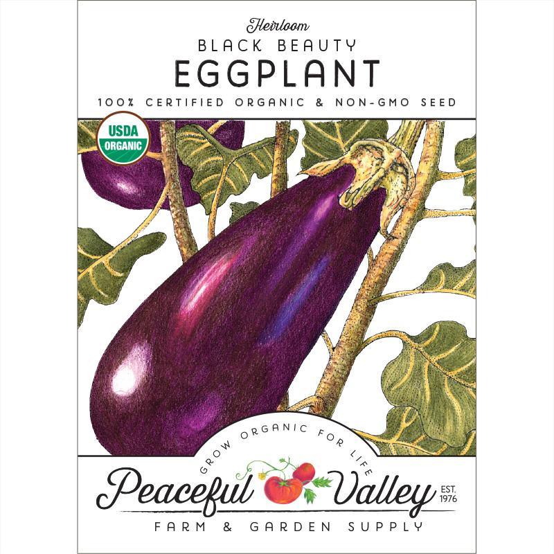 Organic Black Beauty Eggplant Seeds from Grow Organic, showing a pack of vegetable seeds with vibrant eggplant images.
