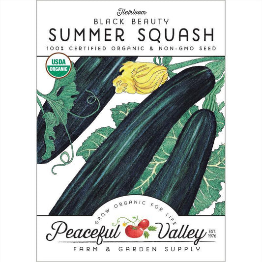Organic Black Beauty Summer Squash Seeds from Grow Organic, vegetable seed pack with black squash seeds for summer gardening.