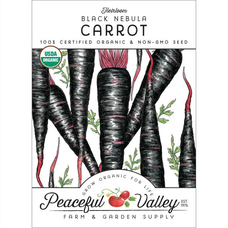 Organic Black Nebula carrot seeds from Grow Organic, vegetable seeds pack showing black carrot seed variety.