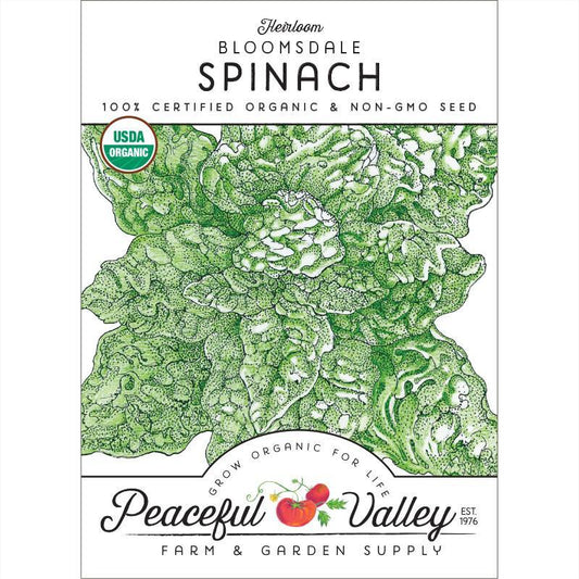 Organic Bloomsdale Spinach Seeds from Grow Organic in a pack, ideal for planting fresh vegetable greens.