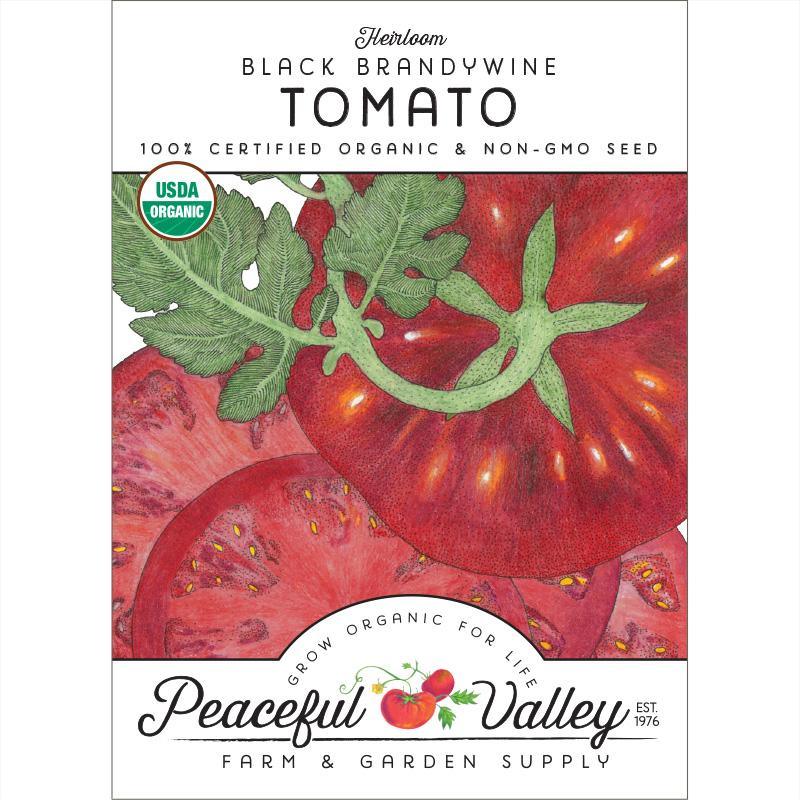 Organic Brandywine Black Tomato Seeds pack from Grow Organic, featuring vibrant seeds for growing black tomato vegetables.