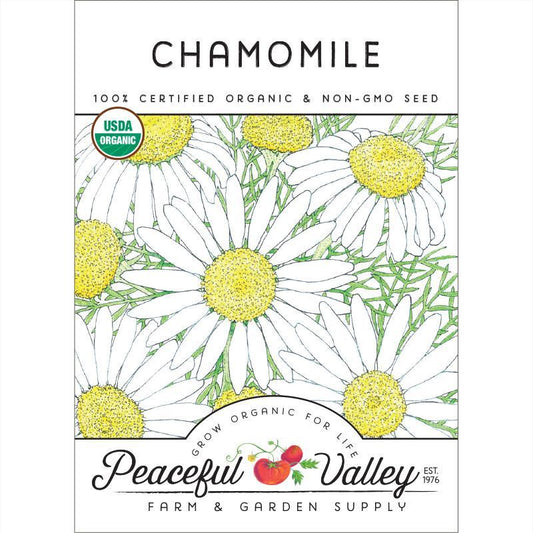 Organic chamomile seeds from Grow Organic, vegetable seed pack showing small seed grains for planting chamomile in gardens.