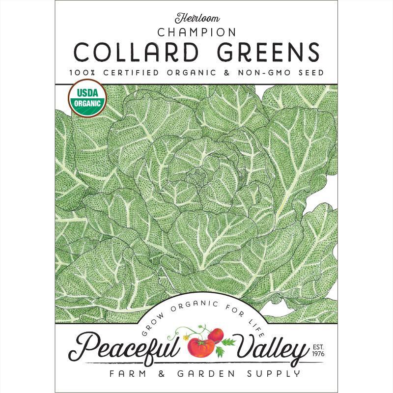 Organic Champion Collard Green Seeds from Grow Organic, vegetable seeds pack with vibrant green collard leaves visible.