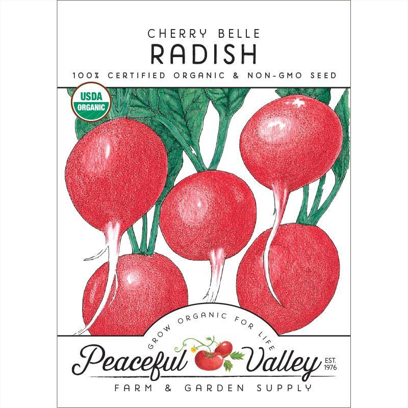 Organic Cherry Belle Radish Seeds pack by Grow Organic, showing vibrant radish seeds in a clear packet for vegetable gardening.