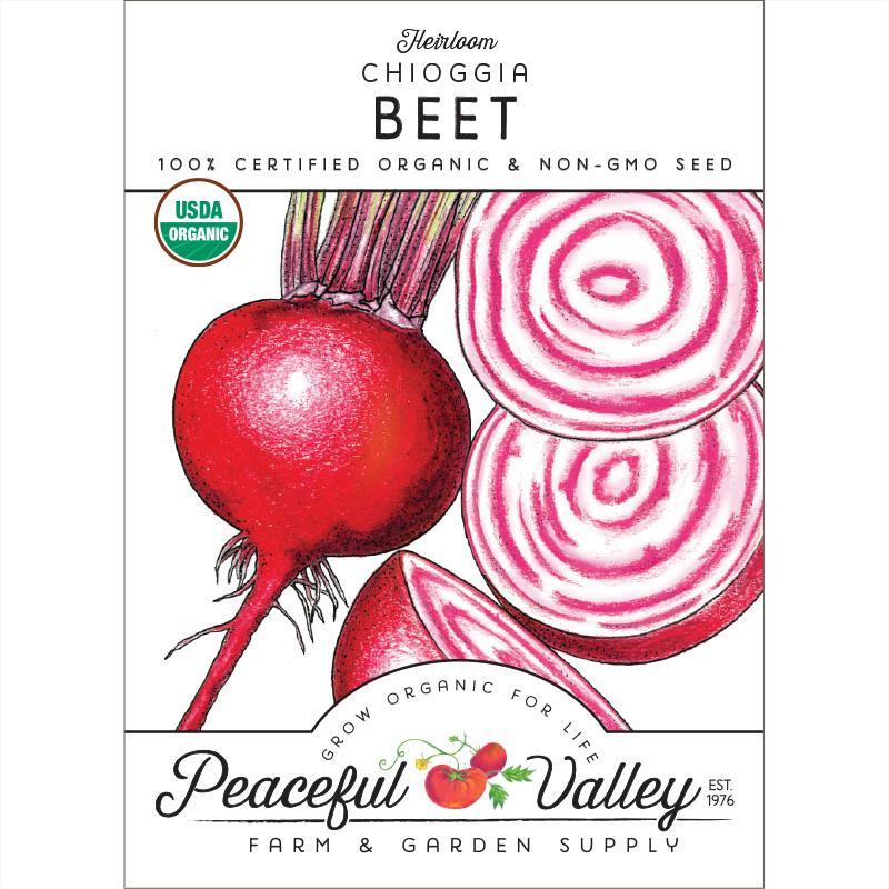 Organic Chioggia Beet Seeds in a Grow Organic vegetable seeds pack, showing vibrant red and white striped beet root bulbs.