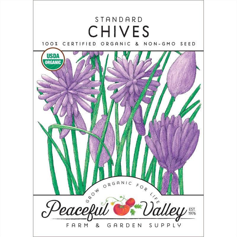 Organic chives seeds from Grow Organic, vegetable seed pack showing fresh chive seed illustrations and packaging.