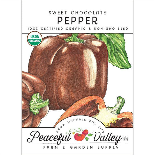 Organic Chocolate Sweet Pepper Seeds from Grow Organic, vegetable seed pack showing colorful seed packets and fresh peppers.