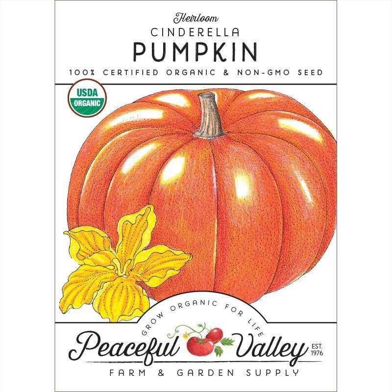 Organic Cinderella pumpkin seeds from Grow Organic, vegetable seeds pack showing vibrant seed visuals and branding.