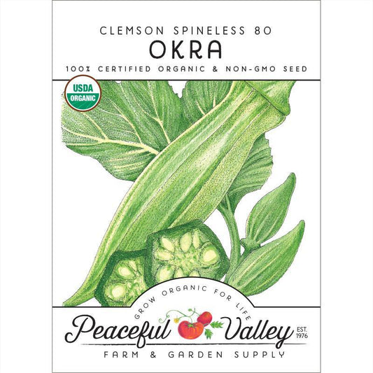 Organic Clemson Spineless 80 okra seeds in a Grow Organic vegetable seed packet, ready for planting.