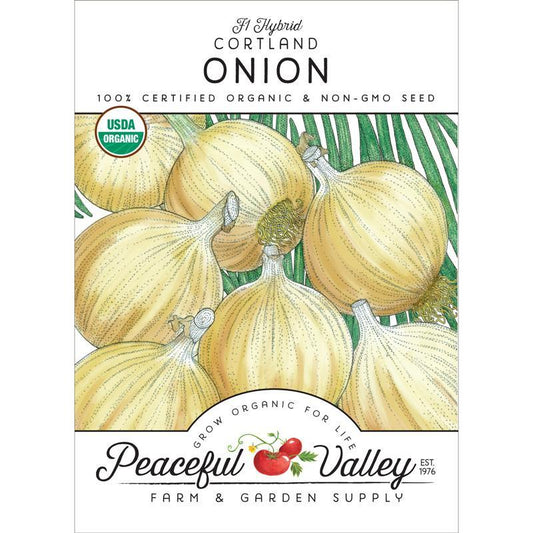 Organic Cortland Onion Seeds from Grow Organic in a vegetable seed pack, ideal for planting onions in home gardens.
