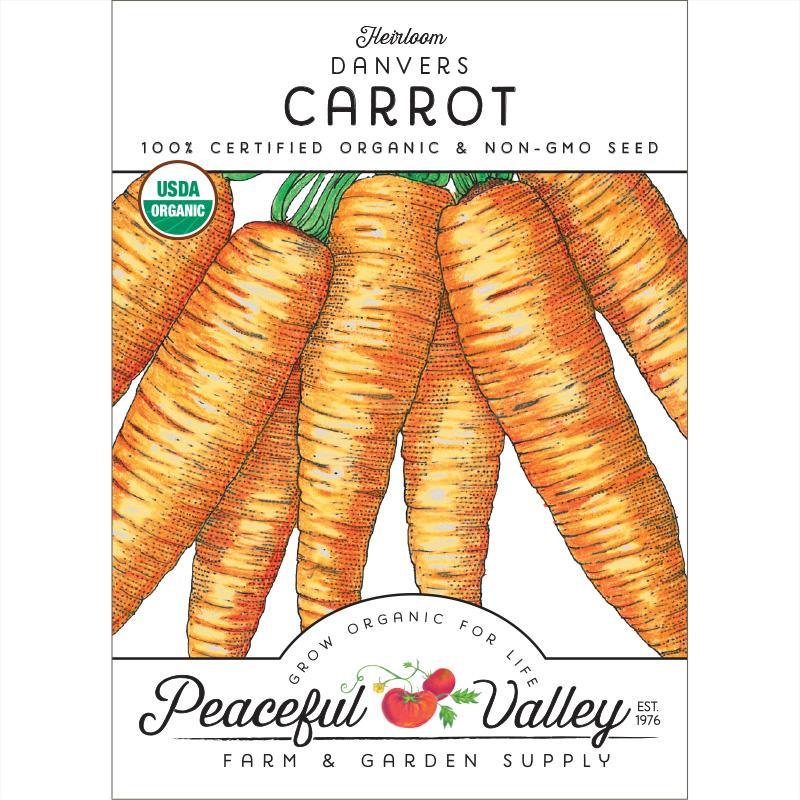 Organic Danvers carrot seeds packet from Grow Organic, showcasing vibrant seed packaging and fresh carrot illustration.