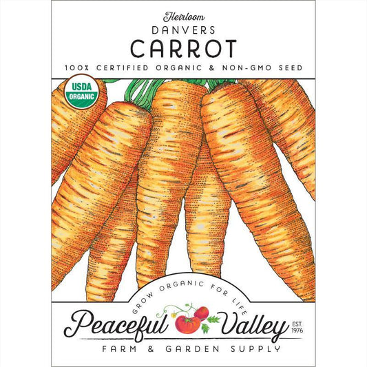 Organic Danvers carrot seeds packet from Grow Organic, showcasing vibrant seed packaging and fresh carrot illustration.