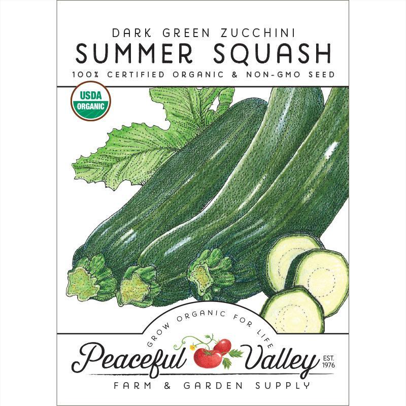 Organic dark green zucchini summer squash seeds from Grow Organic, shown in a packet ready for planting.
