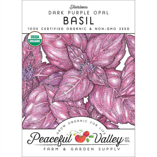 Organic dark purple opal basil seeds from Grow Organic, vegetable seeds pack with vibrant purple foliage, ideal for home gardening.