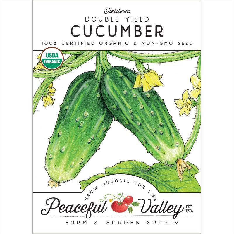 Organic Double Yield Cucumber Seeds from Grow Organic, vegetable seeds pack with vibrant cucumber seedlings and seed packet.