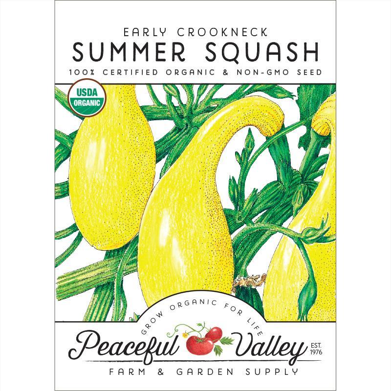 Organic early crookneck summer squash seeds from Grow Organic, packed in a colorful seed packet showing mature squash and seeds.