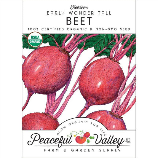 Organic Early Wonder Tall Beet Seeds from Grow Organic, vegetable seeds pack showing vibrant beet roots and green foliage.