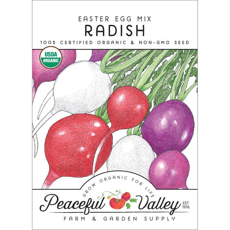 Organic Easter Egg Radish Seeds from Grow Organic, vegetable seed pack with colorful radish varieties for planting.
