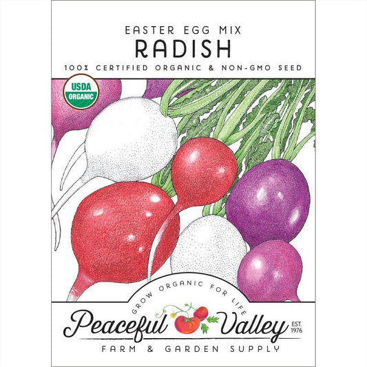 Organic Easter Egg Radish Seeds from Grow Organic, vegetable seed pack with colorful radish varieties for planting.