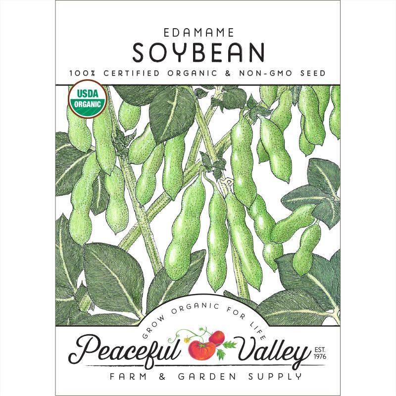 Pack of Grow Organic edamame soybean seeds, organic vegetable seeds for planting in home gardens.