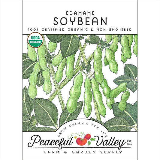 Pack of Grow Organic edamame soybean seeds, organic vegetable seeds for planting in home gardens.