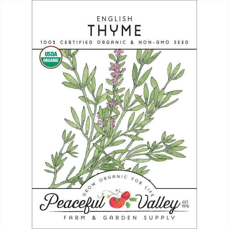 Organic English thyme seeds from Grow Organic, small seed packet for growing aromatic culinary herb in vegetable garden.