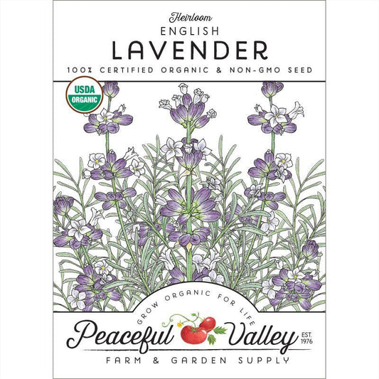 Organic English Vera Lavender vegetable seeds pack from Grow Organic, showing a colorful seed packet with lavender seeds.