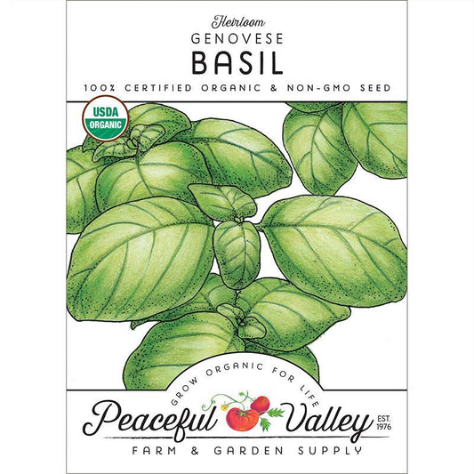Organic Genovese Basil seeds from Grow Organic, ready for planting in your vegetable garden.