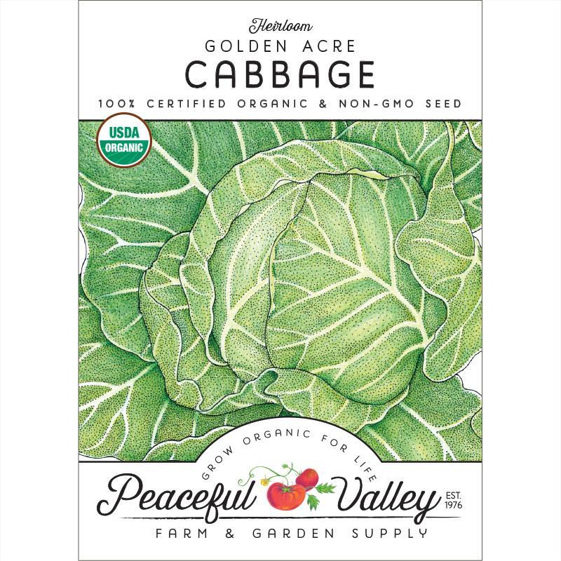 Organic Golden Acre Cabbage Seeds from Grow Organic in a small seed packet, ideal for vegetable gardening.