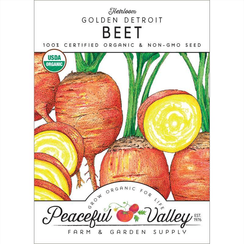 Organic Golden Detroit Beet Seeds from Grow Organic, showing a packet of vegetable seeds for growing golden beets.