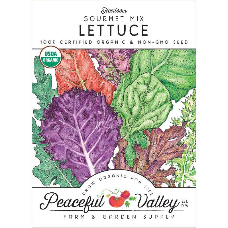 Organic Gourmet Mix Lettuce Seeds from Grow Organic, vegetable seed packet with colorful lettuce varieties on the front.