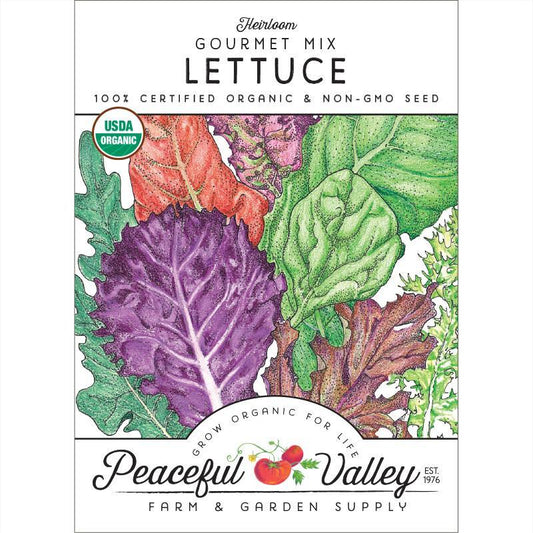 Organic Gourmet Mix Lettuce Seeds from Grow Organic, vegetable seed packet with colorful lettuce varieties on the front.