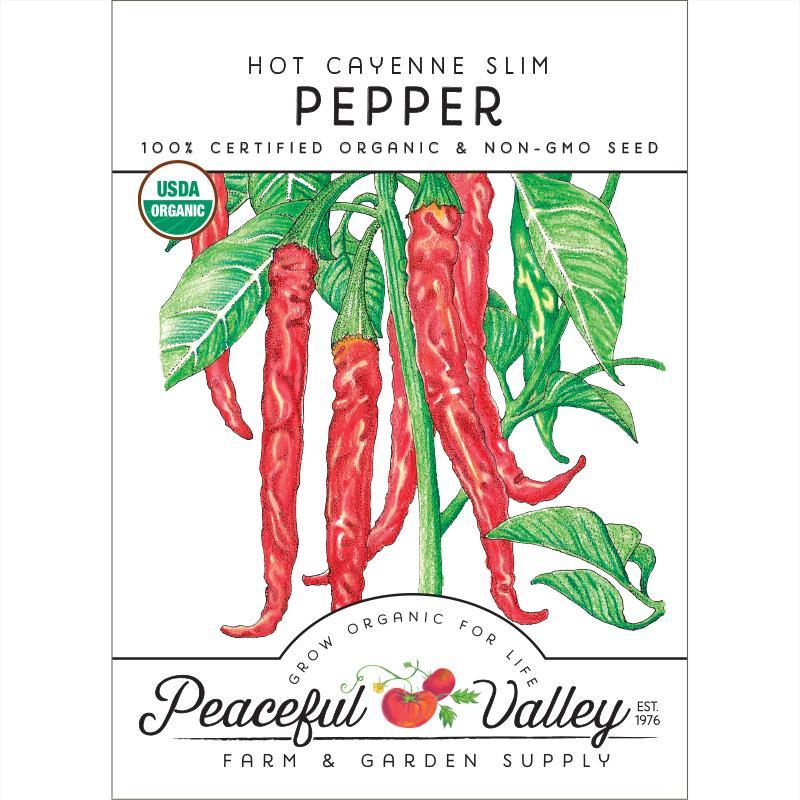 Organic Hot Cayenne Slim Pepper Seeds from Grow Organic, packaged vegetable seeds for spicy hot peppers.