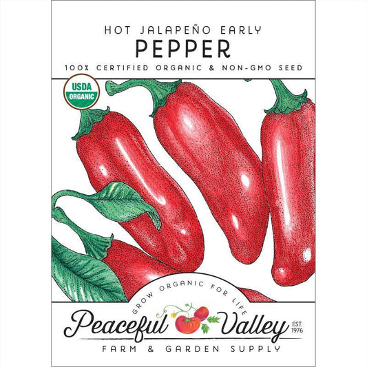Organic Hot Jalapeno Early Pepper seeds in a Grow Organic vegetable seed pack, ready for planting.