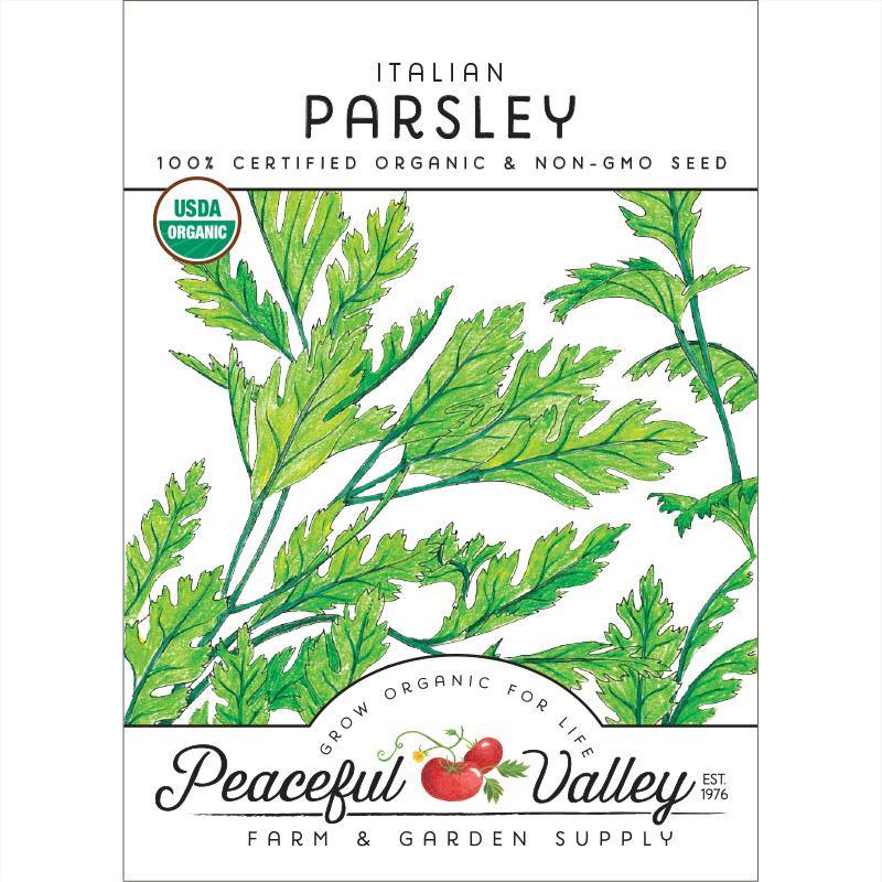 Organic Italian Parsley Seeds from Grow Organic, vegetable seed packet with fresh green parsley seedlings visible
