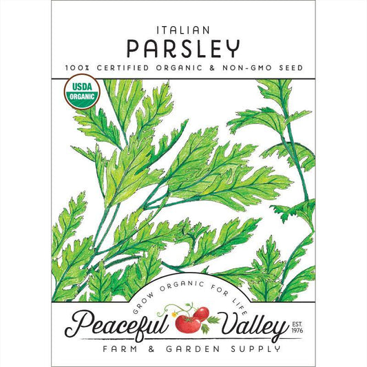 Organic Italian Parsley Seeds from Grow Organic, vegetable seed packet with fresh green parsley seedlings visible