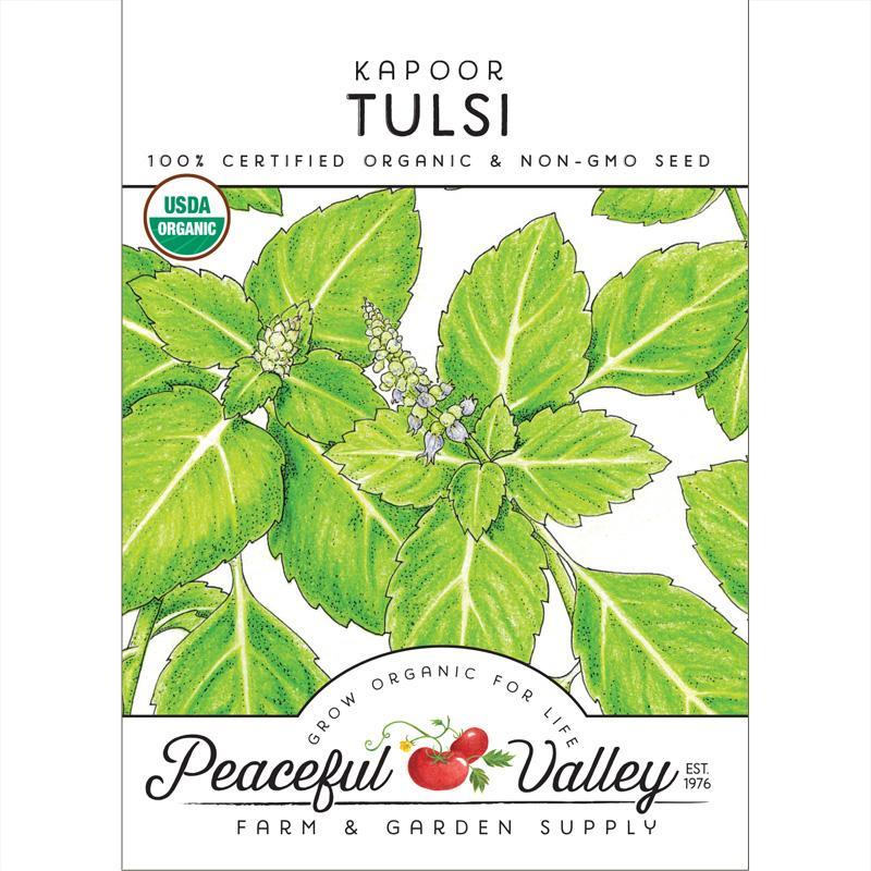 Organic Kapoor Tulsi seeds pack from Grow Organic, showcasing vibrant seed packets for growing Tulsi basil at home.