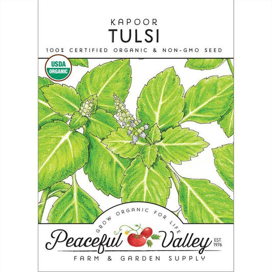 Organic Kapoor Tulsi seeds pack from Grow Organic, showcasing vibrant seed packets for growing Tulsi basil at home.