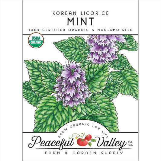 Organic Korean Licorice Mint vegetable seeds from Grow Organic, showing a pack of seeds for planting and gardening.