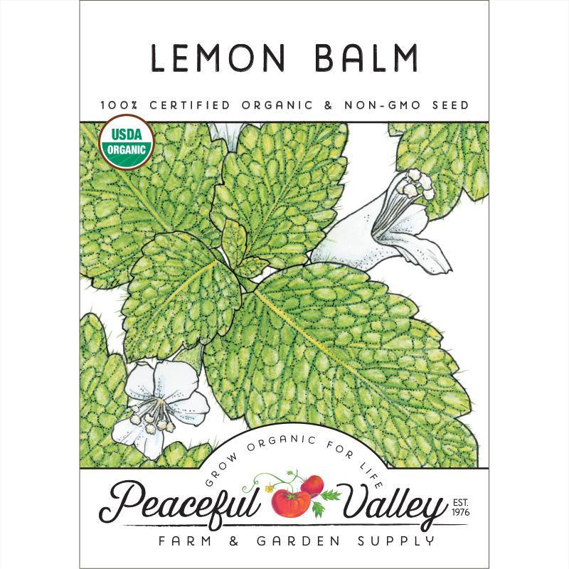 Organic Lemon Balm vegetable seed pack from Grow Organic showing a colorful label and seeds for planting.