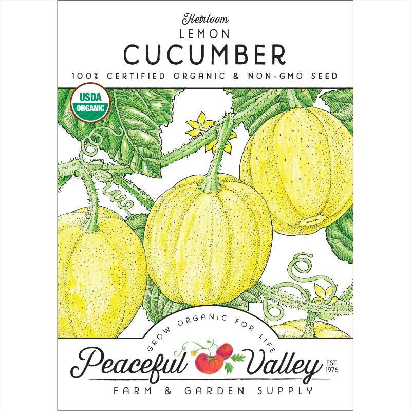 Organic Lemon Cucumber vegetable seeds in a Grow Organic seed pack, showcasing fresh cucumber and lemon-themed illustrations.