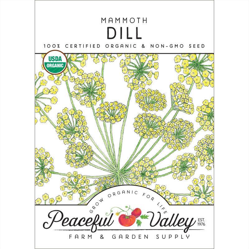 Organic Mammoth Dill Seeds from Grow Organic, vegetable seeds pack with vibrant green dill seed heads and fresh foliage.