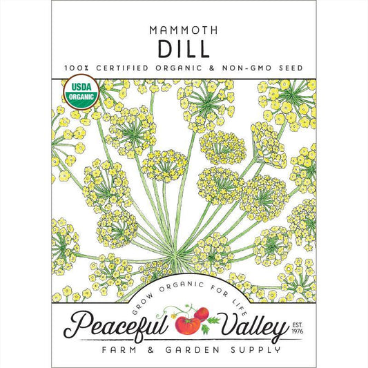 Organic Mammoth Dill Seeds from Grow Organic, vegetable seeds pack with vibrant green dill seed heads and fresh foliage.