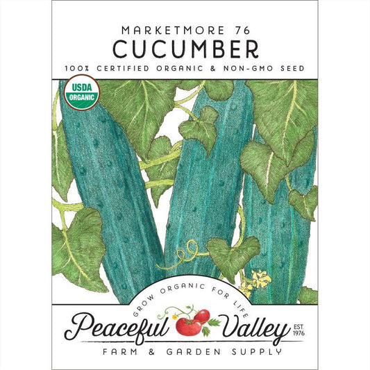 Organic Marketmore 76 cucumber seeds by Grow Organic, packaged vegetable seeds for home gardening.